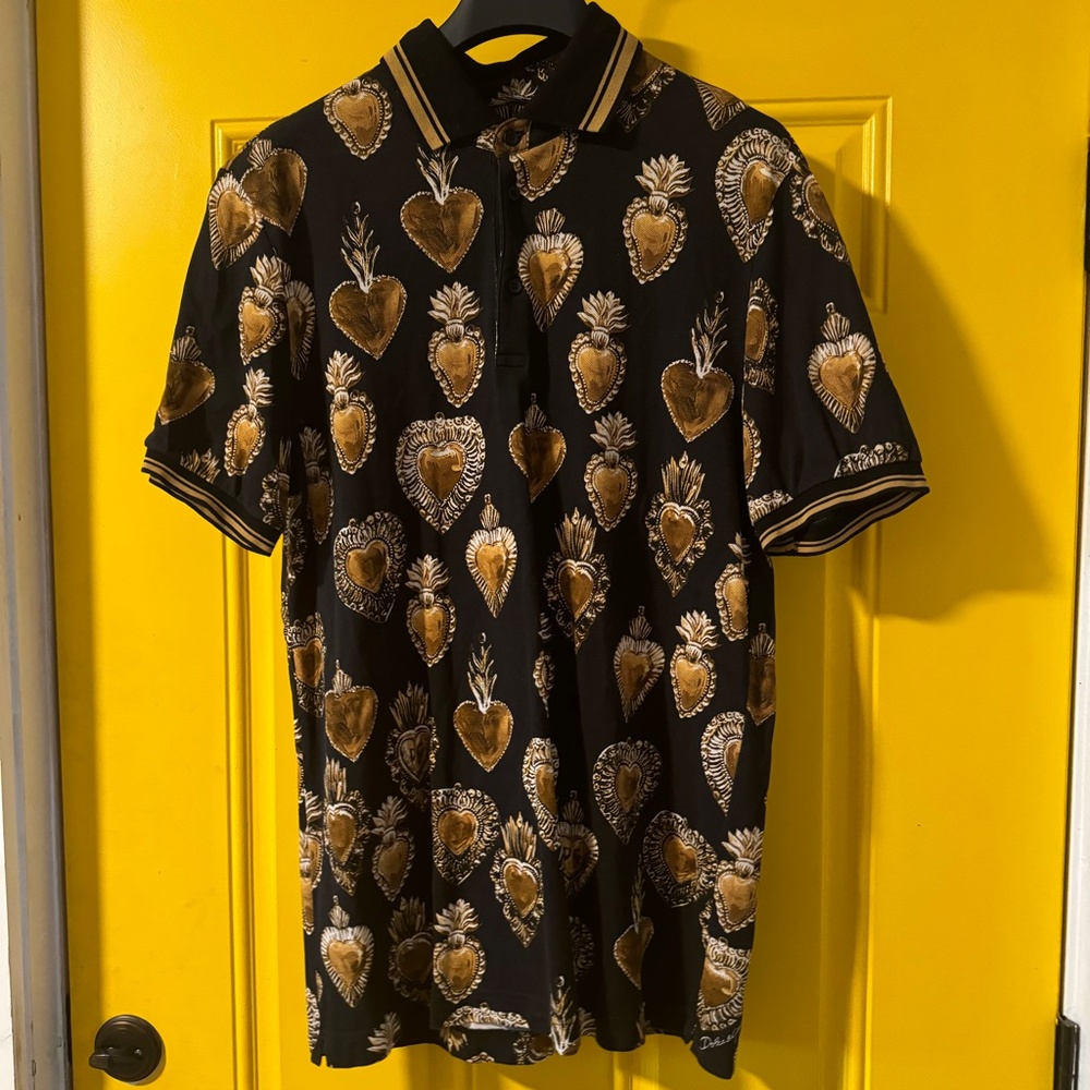 DOLCE & GABBANA GOLD HEARTS MEN 52 COTTON POLO COLLAR SHIRT